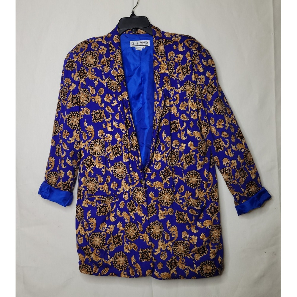 Vintage 80s/90s SK & Company Blue & Gold Baroque Scroll Rayon‎ Blazer